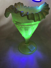 Load image into Gallery viewer, Vintage Fenton Vaseline Glass Glow In The Dark Trump Ruffled Edge Ribbed.