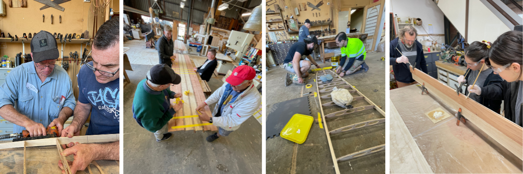 Students participate in the wooden surfboard making workshop, gluing, sanding, assembling