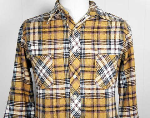 1960's Brown, Baby Blue & White Striped Plaid Wool Flannel Shirt - Size L