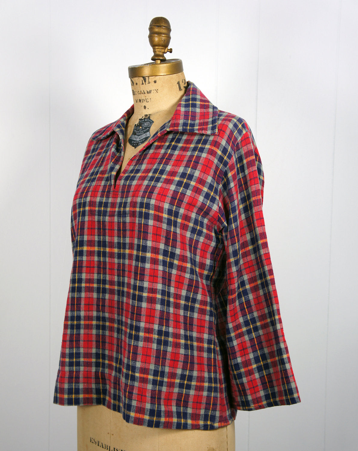 Vintage Women's 1970's Red, Blue & Yellow Plaid Pullover Shirt, Size M ...