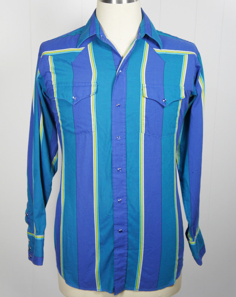 Blue & Bright Green Striped Western Pearl Snap Shirt - Size L | Hoof ...