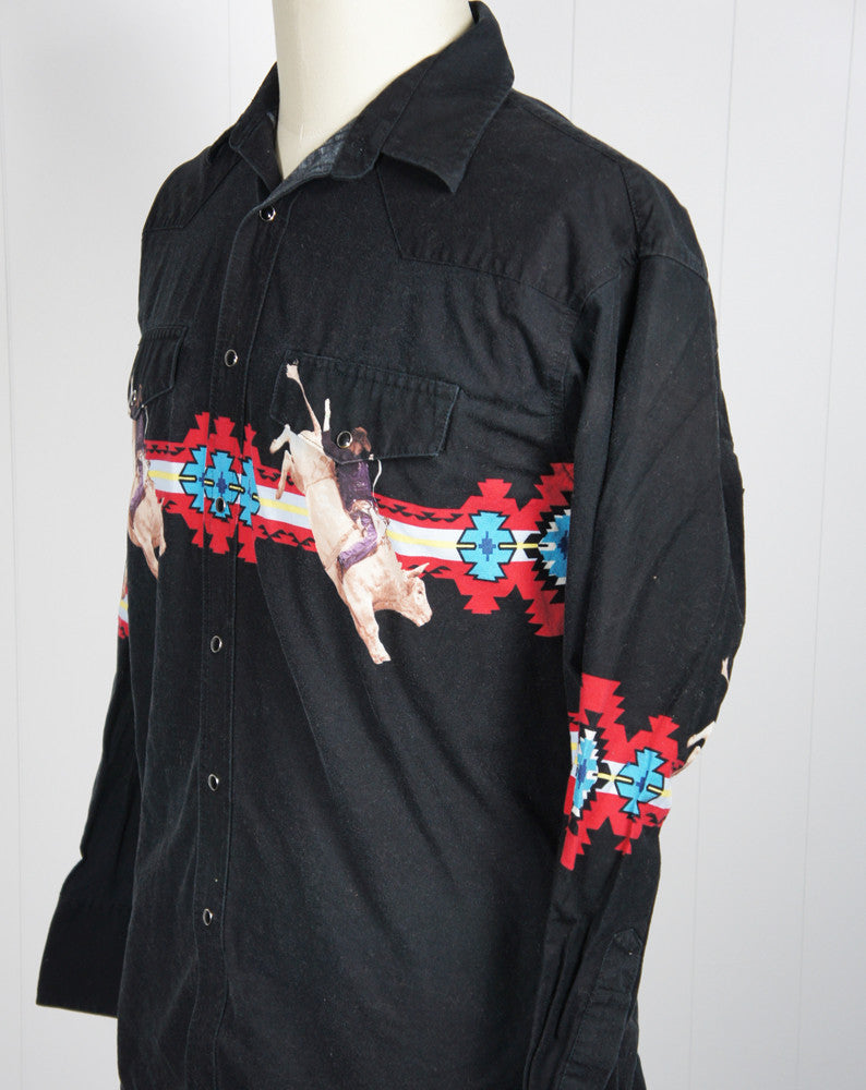 Vintage Black Western Pearl Snap Shirt w/ Bullrider - Size L | Hoof ...