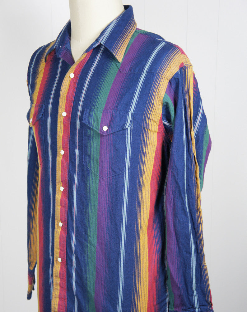 Rainbow Striped Western Pearl Snap Shirt - Size XL
