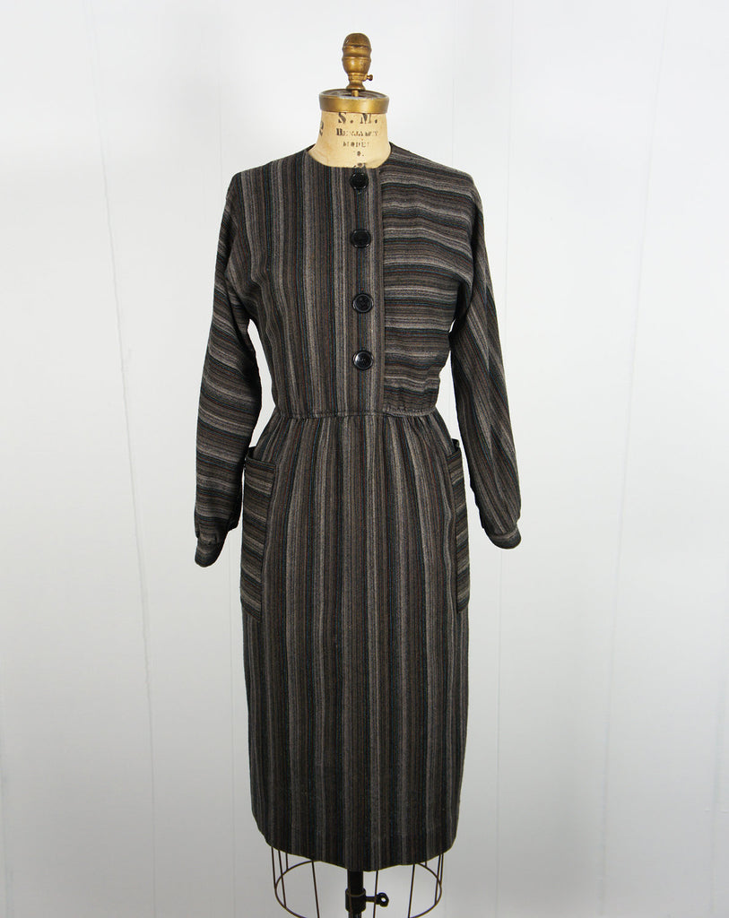 Vintage 1970's Brown, Black & Rainbow Striped Winter Secretary Dress ...