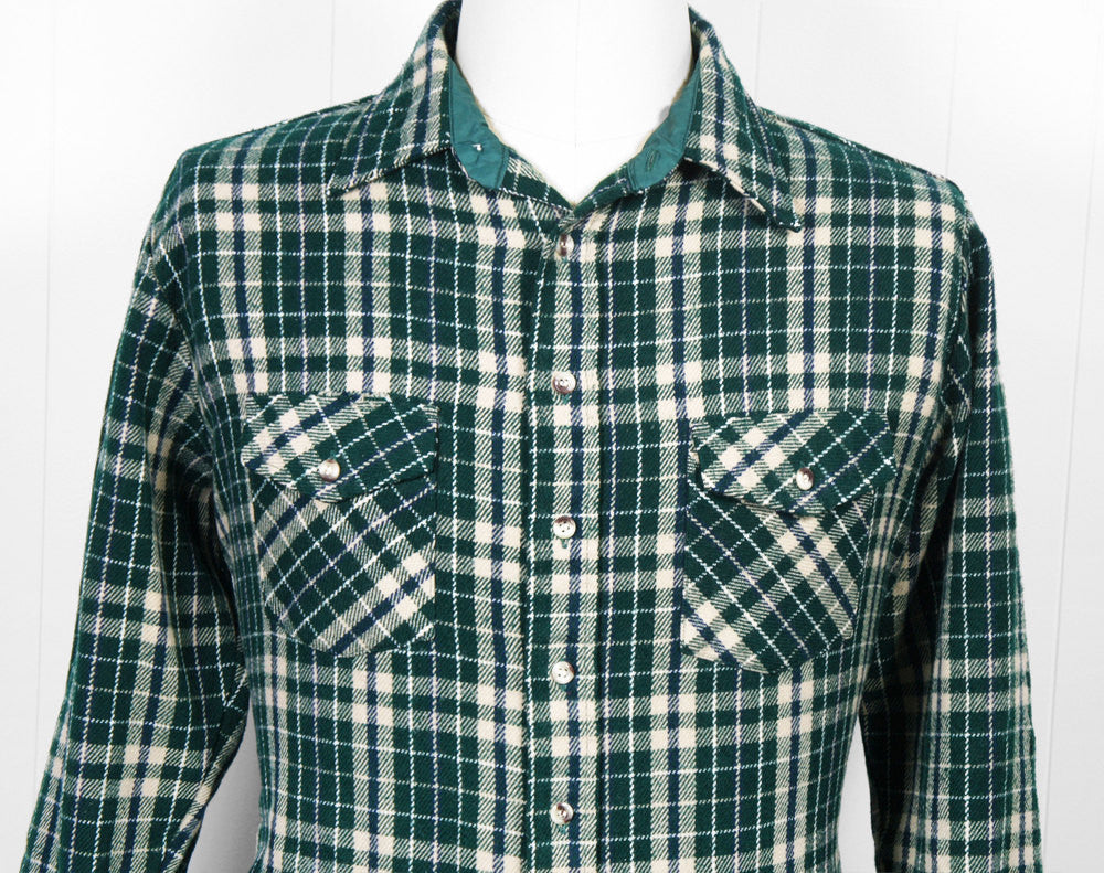 Vintage 1970's Men's Forest Green Striped Plaid Flannel Shirt - Size XL ...