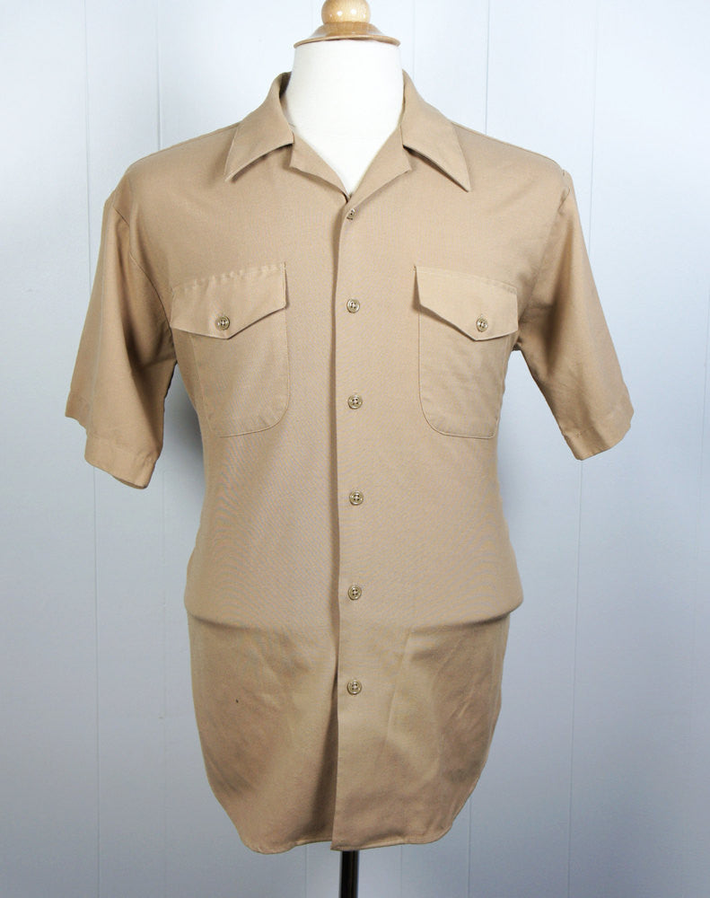 Vintage 1960's Tan Button Up Work Shirt - Short Sleeve, Size L | Hoof ...