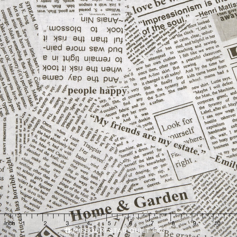 Cotton Newspapers Newsprint Clippings Articles Poetry Quotes Phrases Words  Wonder Story Gray Cotton Fabric Print by the Yard D506.48 