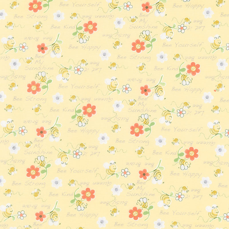 Cotton Bee Words Animals Flowers Floral Nature Bee Happy Busy Bee Sweet Bees  White Cotton Fabric Print by the Yard (SB20362-100WHITE)