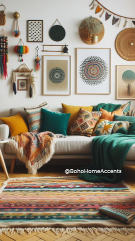 Inviting boho living room with cozy seating, layered rugs, and a mix of patterns, textures, and colors.