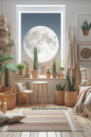 Full Moon and plants, adding earthy texture to bohemian-inspired home decor.