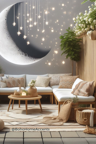 Intricate Moon paint with natural elements, bringing boho charm to home decor.