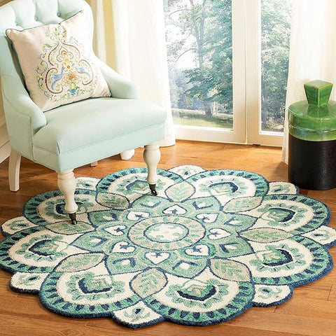 Handmade boho floral rustic country wool rug in ivory and blue, 4 feet round size, perfect for high traffic areas.
