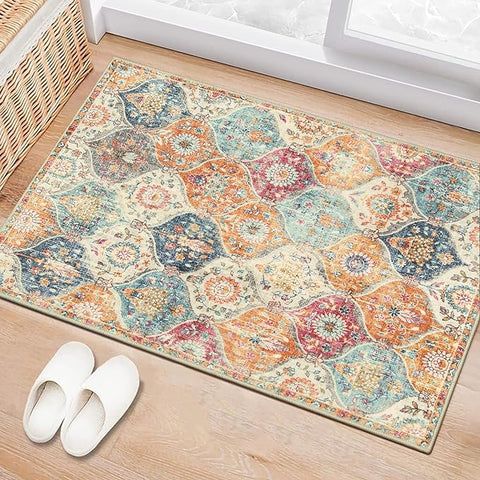 Soft and stylish Moroccan trellis area rug in cream and multi-color, perfect for entryways and small spaces.