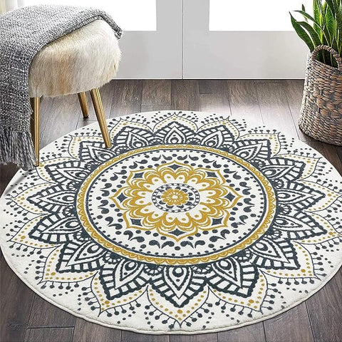 4 Ft round area rug featuring a vibrant yellow mandala design, perfect for living rooms, bedrooms, and nurseries.