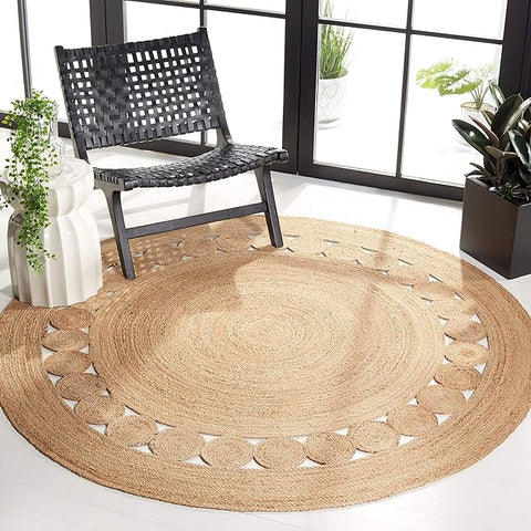 Handmade natural fiber round jute area rug, 3 feet round, ideal for bohemian and country charm décor styles.