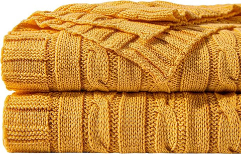 100% Pure Cotton Twin (60x80) Cable Knit Throw Blanket, Super Soft Warm Knitted Blanket for Bed, Sofa, Chair, Couch - Extra Cozy, Machine Washable, Comfortable Home Decor, Ginger Yellow