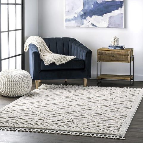 4x6 beige area rug featuring a Moroccan lattice design with charming tassels, perfect for adding bohemian flair to any room.
