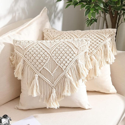 Boho Macrame Throw Pillow Cushion Covers - Set of 2 Decorative Pillowcase