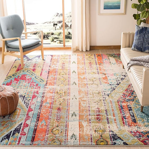Monaco Collection accent rug featuring a colorful tribal distressed design, ideal for entryways, living rooms, and bedrooms.