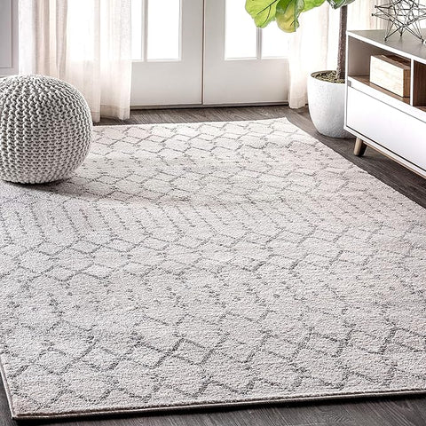 Cream and gray Moroccan hype boho vintage diamond area rug, 8x10 feet, pet-friendly and stain-resistant.