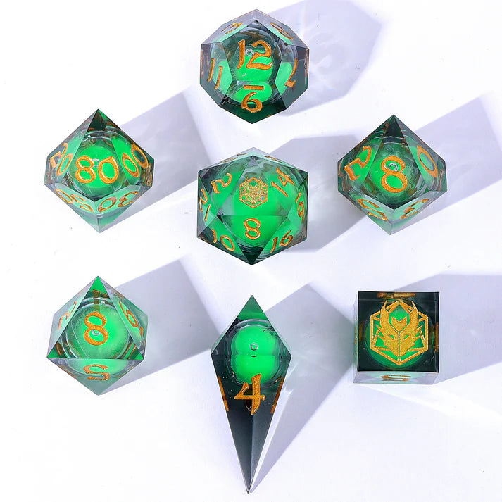 Sharp Edge Liquid Core RPG Dice Set Glow In The Dark Green