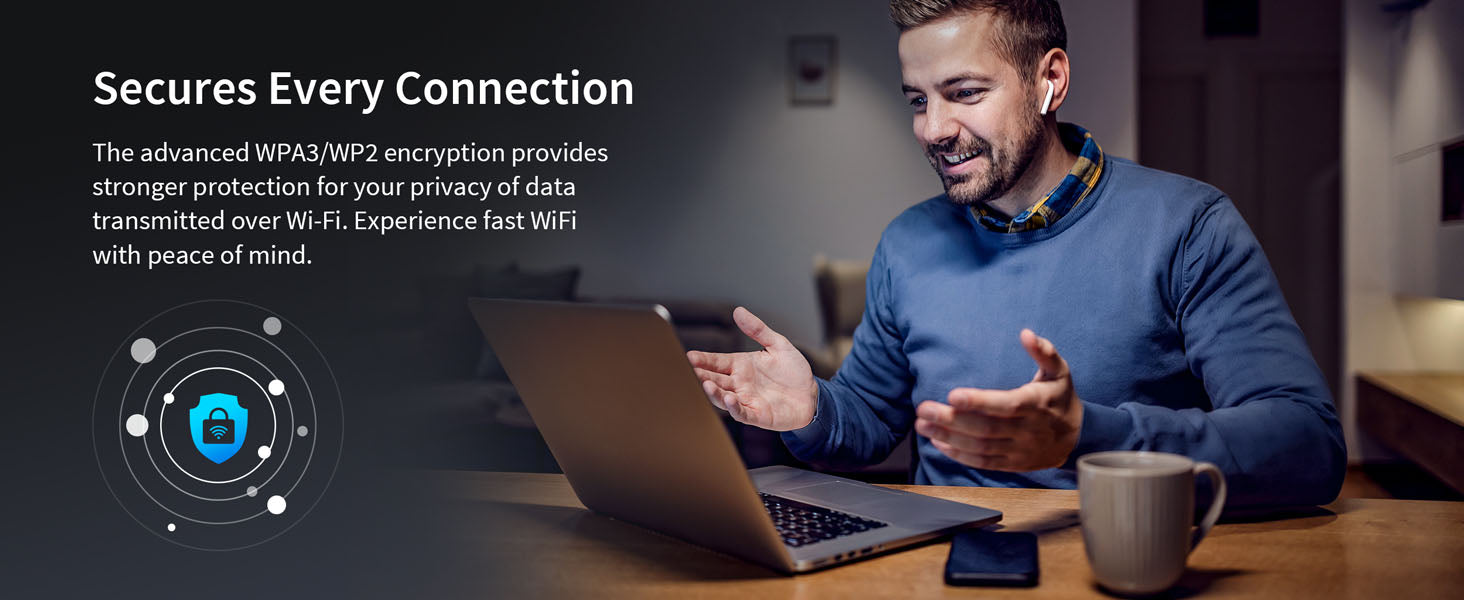 A Man Enjoys Fast WiFi with Peace of Mind as WiFi 6 Extender Secures Data via WPA3 WP2 Encryption