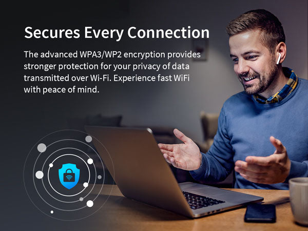 A Man Enjoys Fast WiFi with Peace of Mind as WiFi 6 Extender Secures Data via WPA3 WP2 Encryption