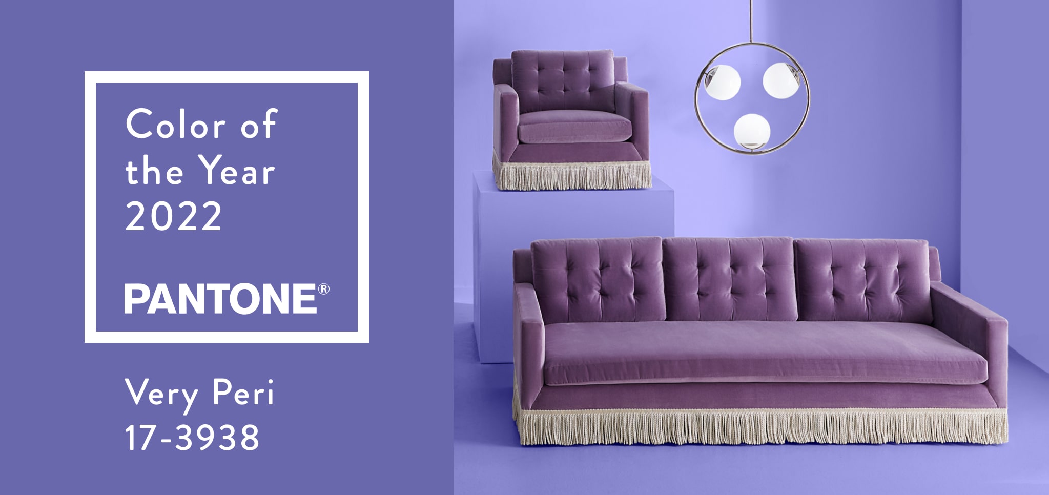 Color of the Year 2022, PANTONE, Very Peri 12-3938. Jonathan Adler Baxter Sofa