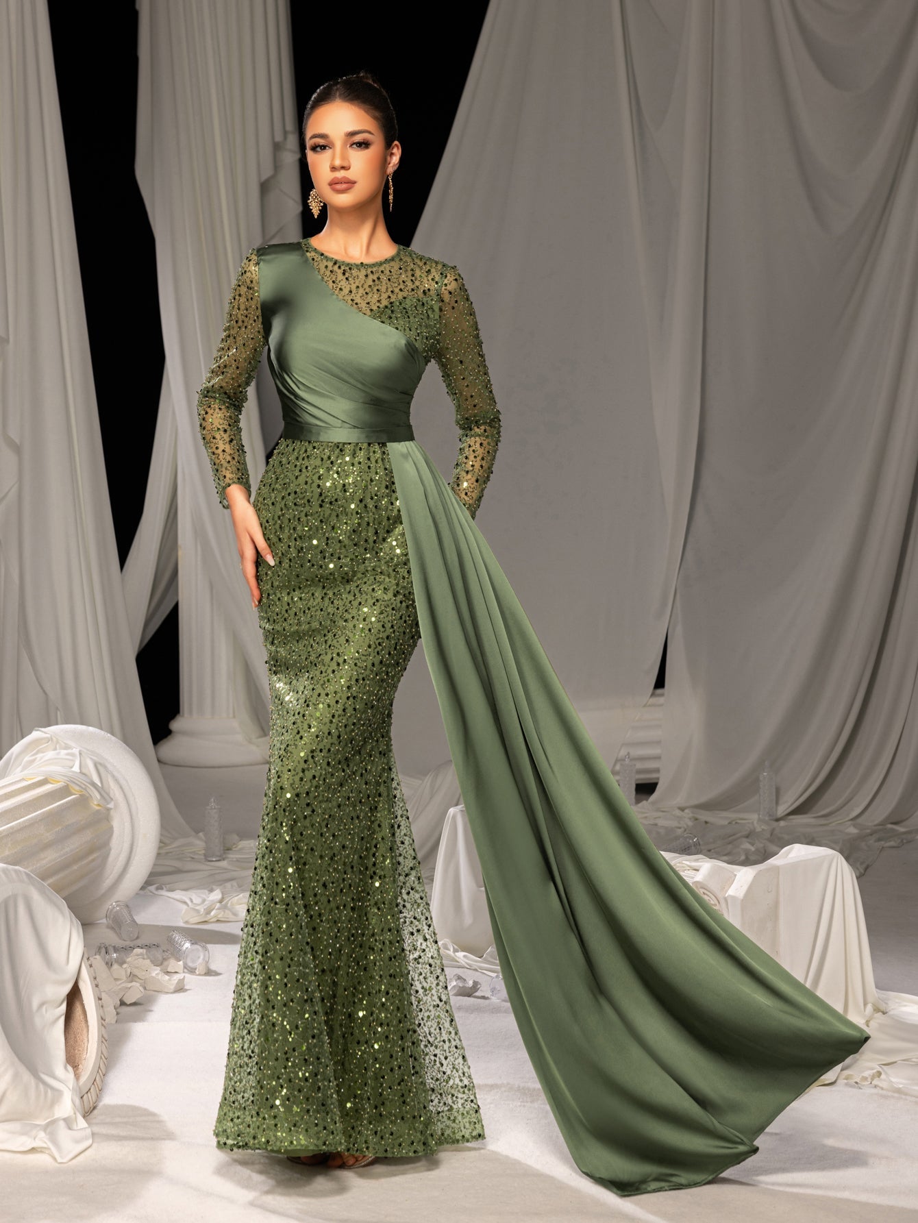 Elegant Sequin Evening Gown with Sheer Sleeves & Dramatic Satin Train - Dress for Luxury Brand Launches or High-Fashion Editorial Shoots, XS-XL