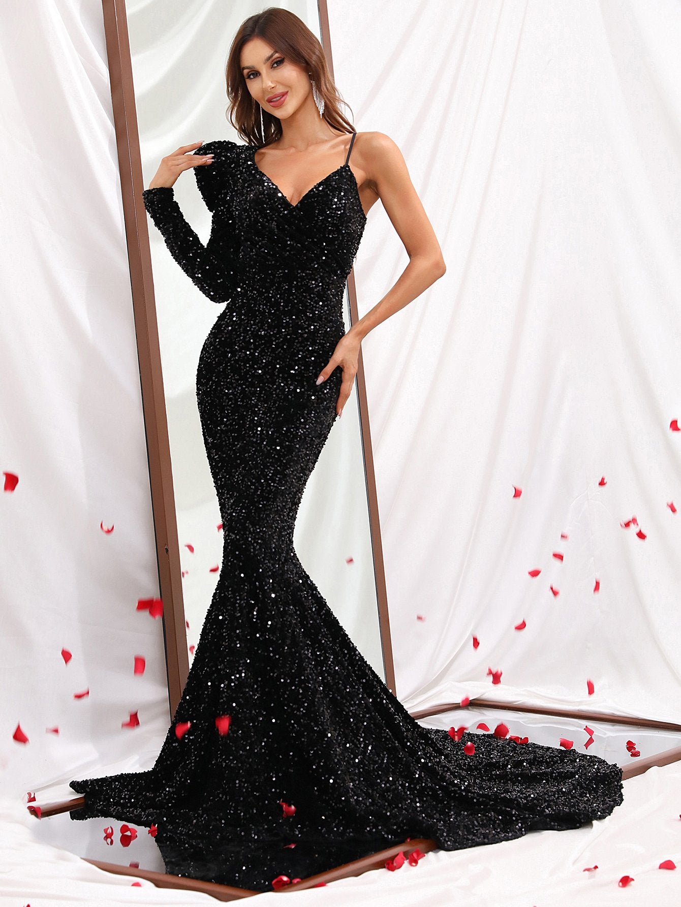 Asymmetrical One Shoulder Black Sequin Mermaid Dresses – Faeriesty
