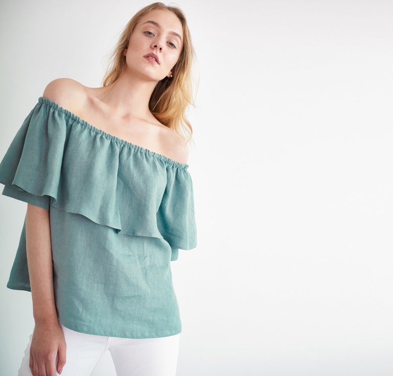 Thalia Off The Shoulder Ruffle Linen Top