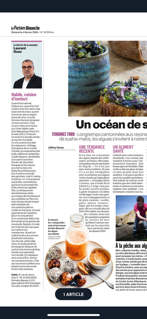 HABILE une cuisine d'instinct est l'article écrit par Laurent Guez dans Le Parisien dimanche. Une adresse à visiter pour se régaler au 16 rue de Lancry Paris 75010.