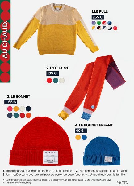 Pour Noël HABILE la sélection pour être au chaud: Des pulls tricotés par Saint James en France, des écharpes en laine en édition limité, des bonnets colorés pour adultes et enfants