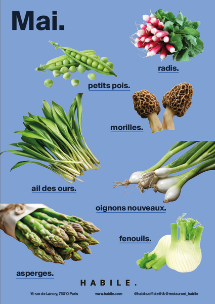 HABILE présente les légumes de saison du mois de Mai : les radis, les petits pois, les morilles, l'ail des ours, les oignons nouveaux, les asperges et le fenouil sont à déguster au 16 rue de Lancry Paris 10.