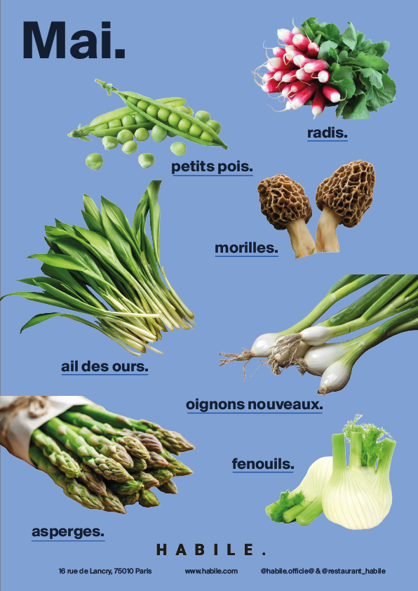 HABILE référence les légumes de saison tous les mois. Les légumes du mois de Mai sont les radis, les asperges, les petits pois, les morilles, les oignons nouveaux, l'ail des ours et les fenouils