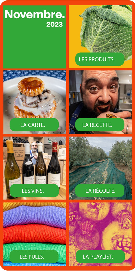 La newsletter HABILE est un contenu qui regroupe des produits de saison, la carte du mois, les vins, le retour sur la récolte, les pulls HABILE et la playlist du moment.