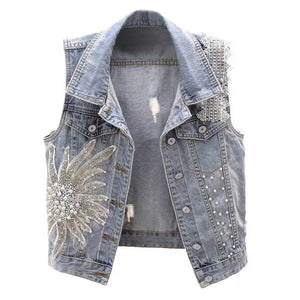 Women Fashion Lace Beaded Denim Vest with Polo Collar - Suzi Q Boutique