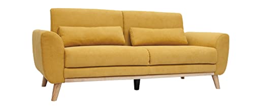 Miliboo Canapé scandinave 3 Places en Tissu Effet Velours Jaune Moutarde et Bois Clair EKTOR