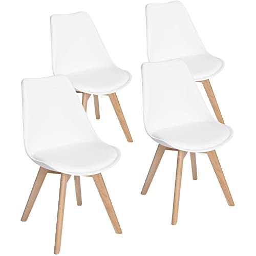 EGGREE Chaises Salle à Manger Scandinaves Lot de 4 Chaises de Cuisine, Rétro Rembourrée Chaise de Salle de Bureau, Pieds en Bois de Hêtre Massif, Blanc