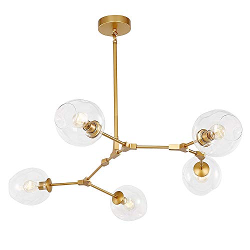 CCSUN Nordique Moderne Boule En Verre Bulle Lustres, 5-lumières Spoutnik Ramification Lampe Suspension Réglable Globe Faire Pivoter Antique Verre Soufflé Abat-jour En Verre E27-d'or 5 Lumières