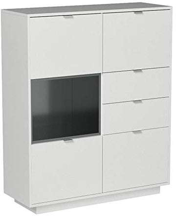 Vladon Buffet Haut Armoire Metro, Corps en Blanc Haute Brillance/Façades en Blanc Haute Brillance Une Insertion en Gris Haute Brillance