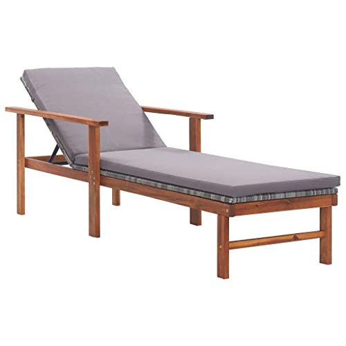 vidaXL Bois d'Acacia Chaise Longue et Coussin Jardin Bain de Soleil de Patio Transat de Terrasse Extérieur Piscine Résine Tressée Gris