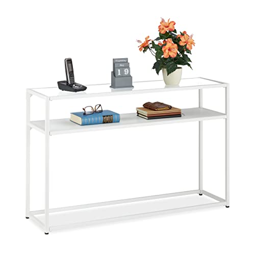 Relaxdays Console 2 Plateaux, Couloir et Salon, 70x110x30 cm, métal, Verre, Aspect Bois, Support à étagères, Blanc