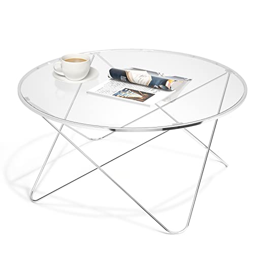 SICOTAS Table Basse Ronde, Table de Salon en Verre Trempé Table Basse Moderne avec Cadre en Métal pour Le Salon, la Salle à Manger, la Décoration Intérieure, 80 x 80 x 40 cm,Argenté