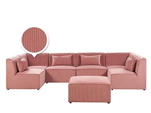 Beliani - Canapé Panoramique Modulable - Lemvig - 6 Modules et Pouf Ottoman, en Velours Côtelé, Rose