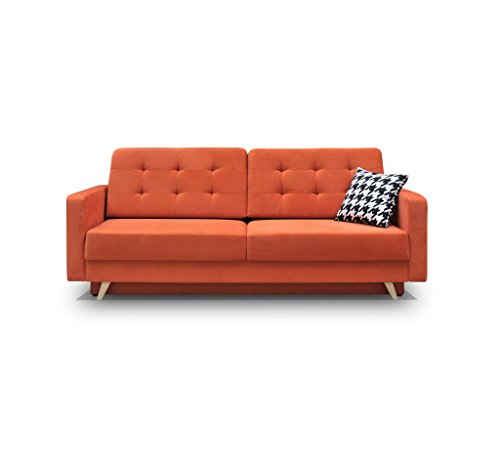 MEUBLO Canapé Convertible en Velours 3 Places Droit Pique en Tissu Scandinave Carla (Orange)