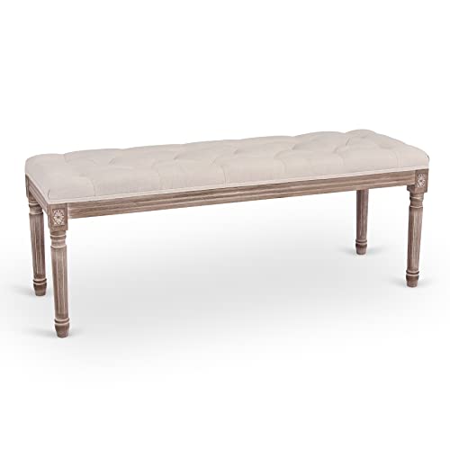 VONLUCE Banc Banquette Design Classique, Banc Rembourrée en Tissu, Banc Capitonné en Lin et Bois Massif pour Chambre Salle à Manger Salon Couloir Piano (120 x 40 x 46 cm)