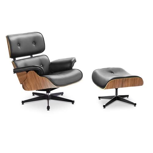 Living Room Chair and Ottoman Footstool in Walnut Wood Black Leather or Oak Wood WOD Veneer (Walnut)