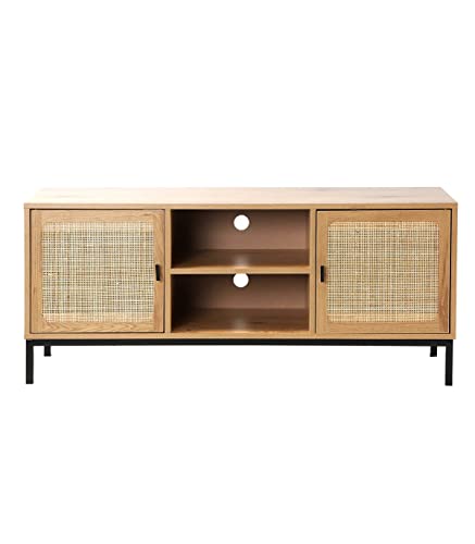 Casâme - Meuble TV 2 Portes Cannage en Rotin avec 2 Niches - Piètement en Métal Noir - Style Moderne et Naturel - pour Salon, Chambre - L120 x P39 x H51cm