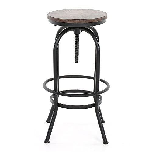 Kosmi - Tabouret de Bar en métal Noir Mat et Assise en Bois foncé, Tabouret à vis pour Hauteur Ajustable, Hauteur réglable de 65 à 85cm